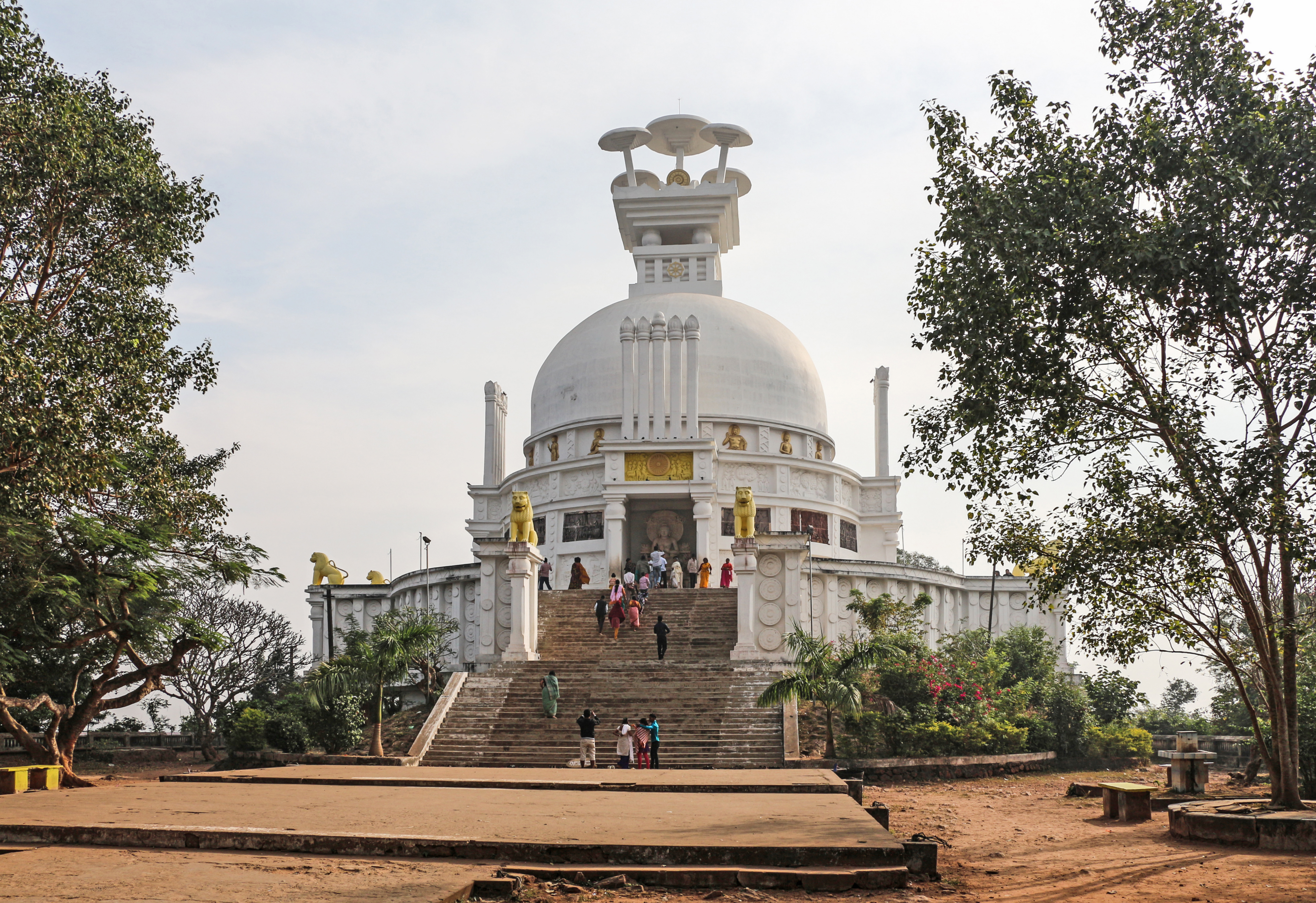 Dhauli Shanti Stupa - staircase and white dome on Dhauligiri hill, Bhubaneswar
